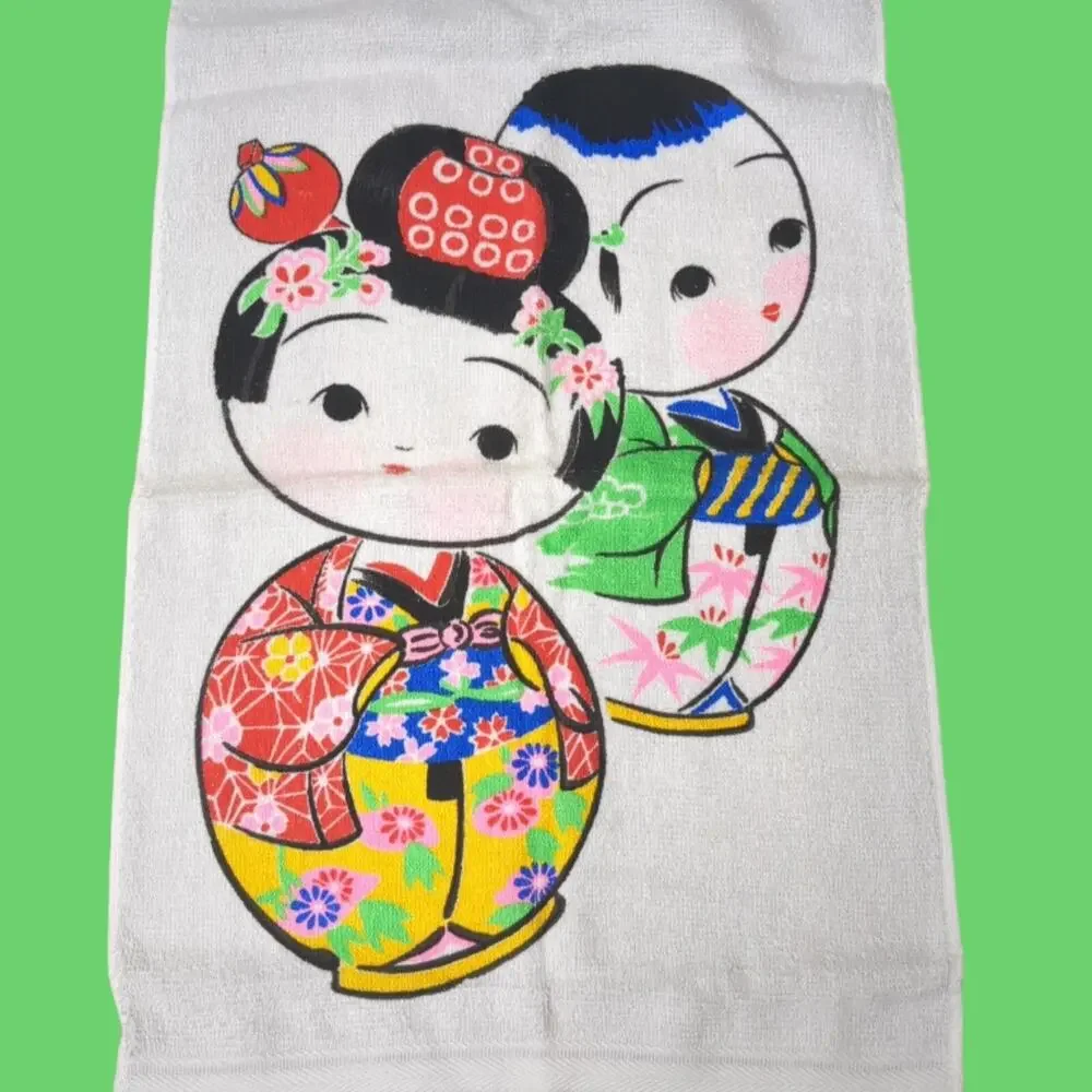 Vintage Asian Geisha Kokeshi Dolls Tapestry White Background 13.5
